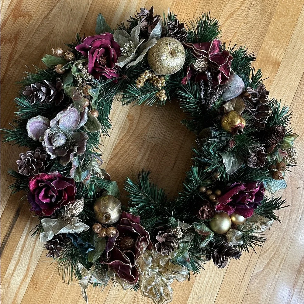 Handcrafted Gold and Wine Red Holiday Wreath
